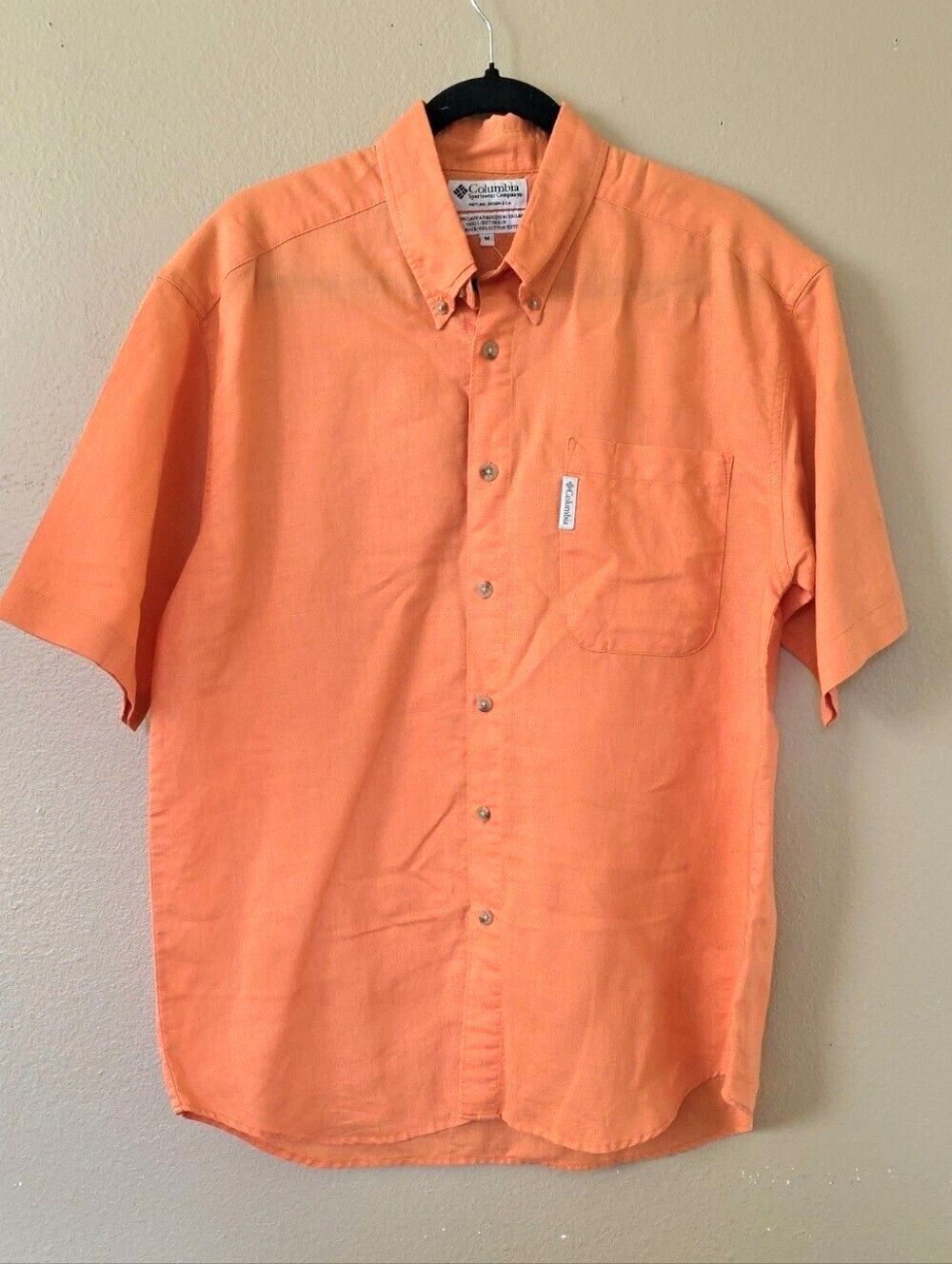 Columbia Mens Peach Coral Button Down Short Sleeve Shirt - Size Medium